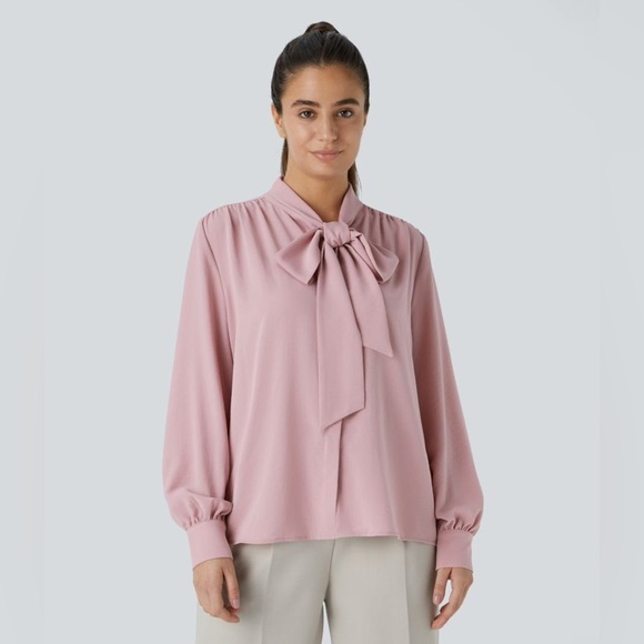 Halara Tie Neck Long Sleeve Button Work Blouse Bleached Mauve Size S NWT - Picture 5 of 6